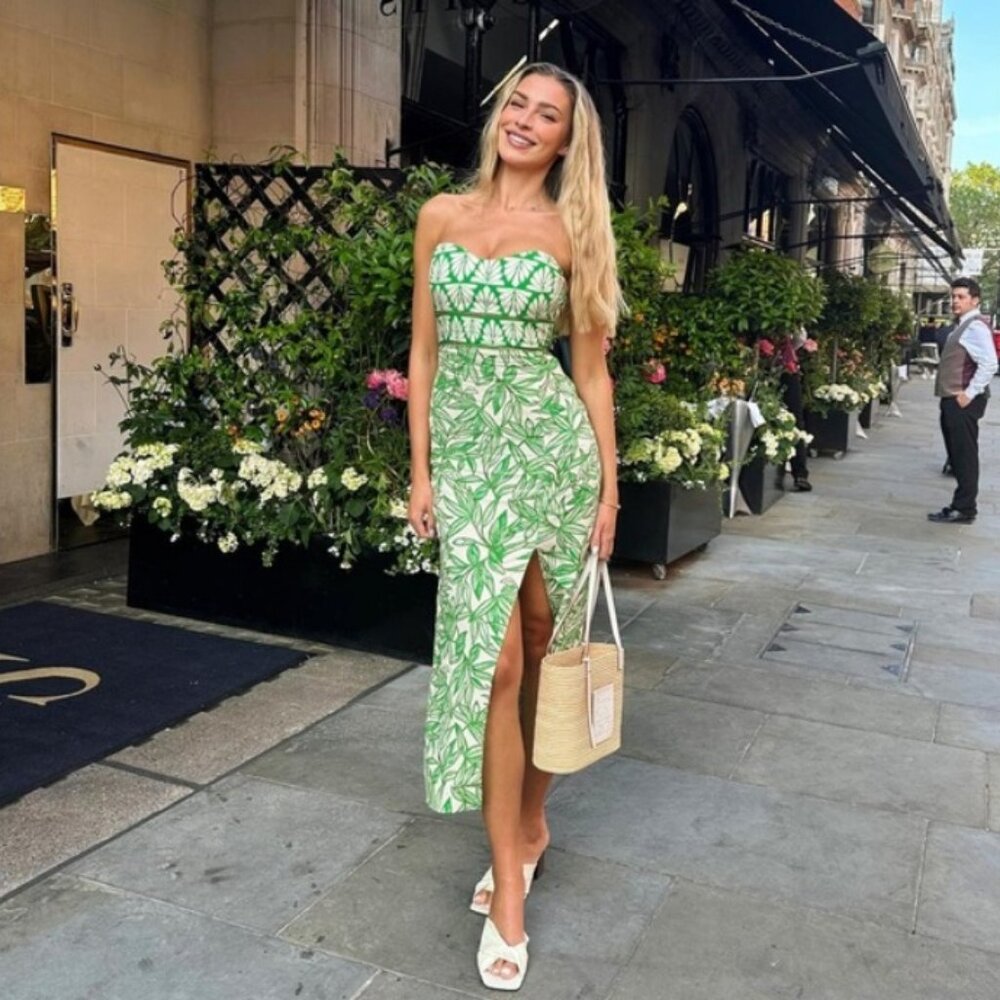 NEW Zara Linen Blend Strapless Midi Dress with Tropical Print, Size S